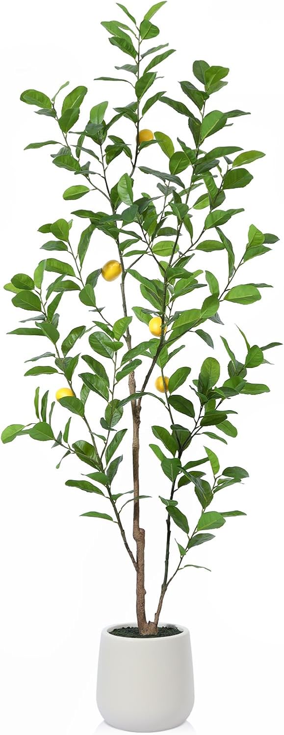 Artificial Tree, 7ft Tall Fake Lemon Plants for Indoor Home Decor, Faux Lemon Tree with 10.5in White Planter, Large Floor Plants for Office Living Room Decor, 1 Pack