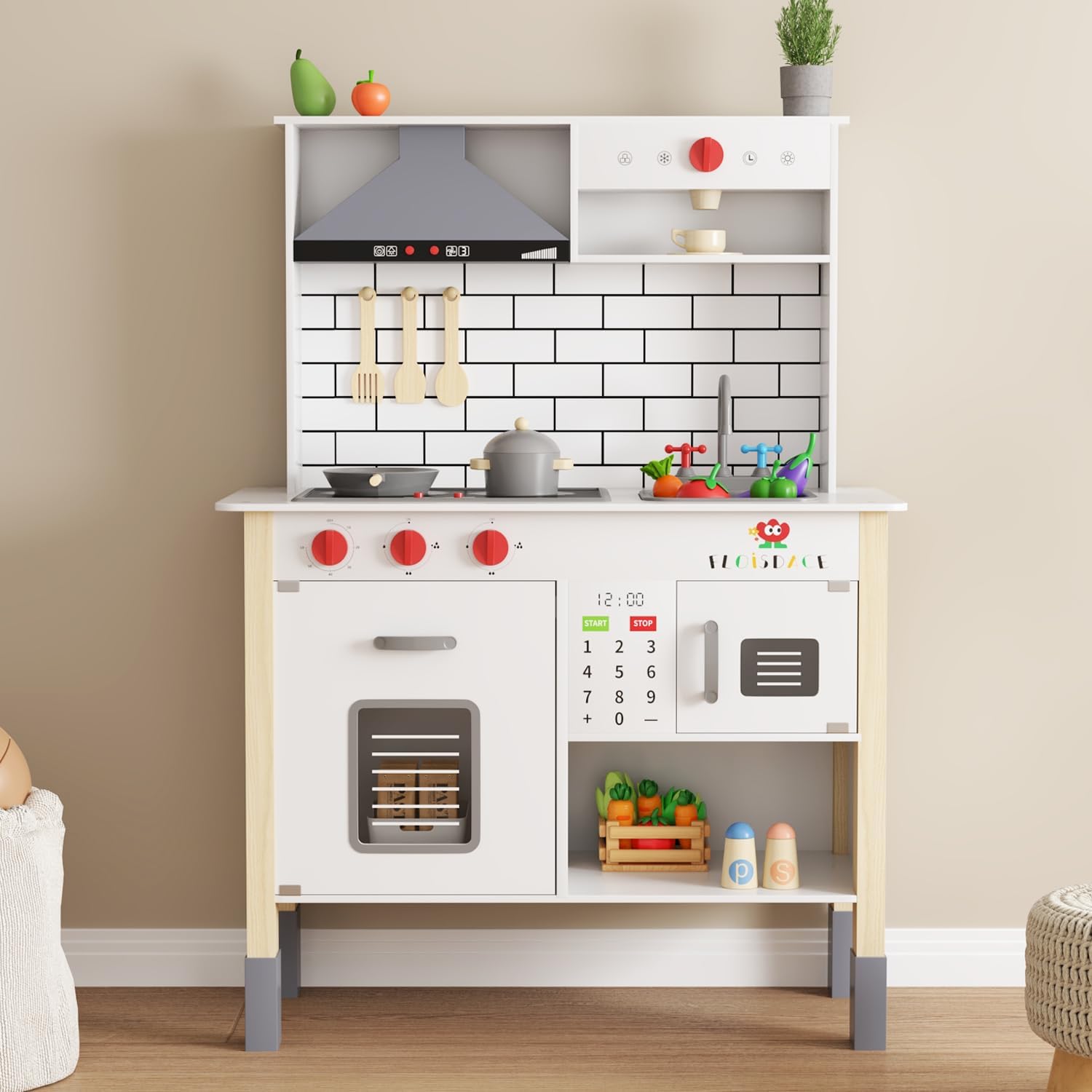 Wooden Play Kitchen for Kids, Interactive Kitchen Playset with Microwave, Range Hood Lights & Sounds, Stove, Sink, and Accessories, Realistic Toy Kitchen, for Boys & Girls