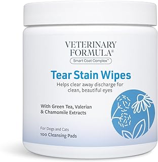 Veterinary Formula Smart Coat Complex Tear Stain Wipes for Dogs & Cats, 100 ct – Gently Wipe Away Debris and Clean Stains Around The Eyes of Pets, Fragrance-Free and Pre-Saturated