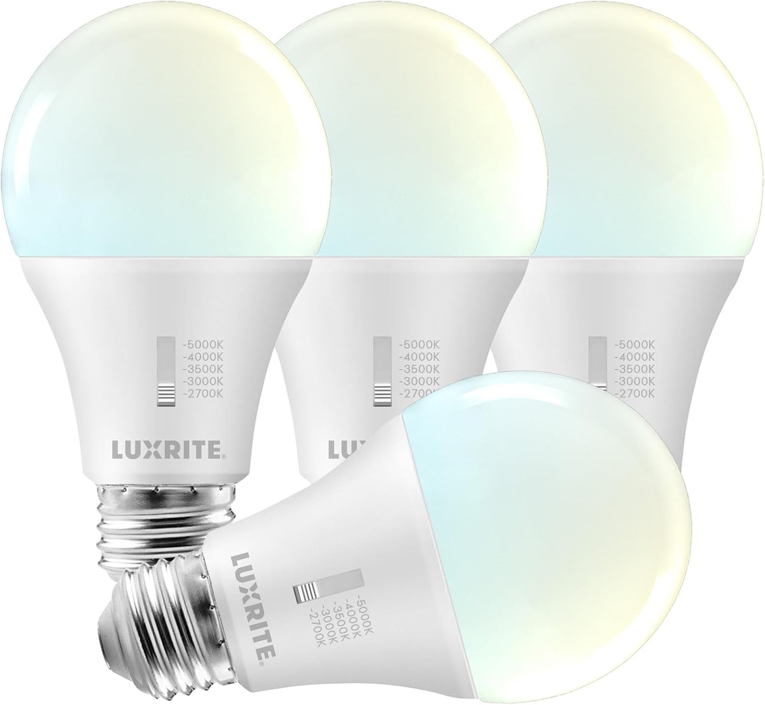 LUXRITE A19 LED Light Bulb 75 Watt Equivalent, CRI90, 5CCT Selectable 2700K 3000K 3500K 4000K 5000K, Dimmable, 1100LM, Standard LED Light Bulbs 11W, E26 Medium Base, ETL - Indoor Outdoor (4 Pack)