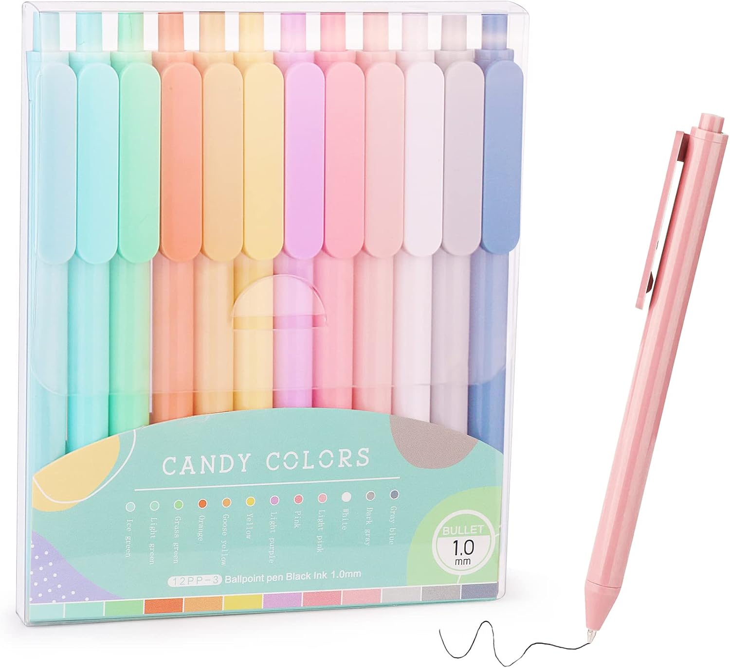 WY WENYUAN 12-Pcs Ballpoint Pens, Comfortable Writing Pens, Pastel Retractable Pretty Journaling Pens, Black Ink Medium Point 1.0 mm Gift Pens, Cute Pens Office Supplies for Women
