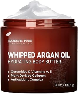 MAJESTIC PURE Whipped Argan Oil Body Butter for Women & Men - With Ceramides, Vitamin E & A & Vegan Collagen - For Skin, Face, & Appearance of Wrinkles & Fine Lines - 8oz