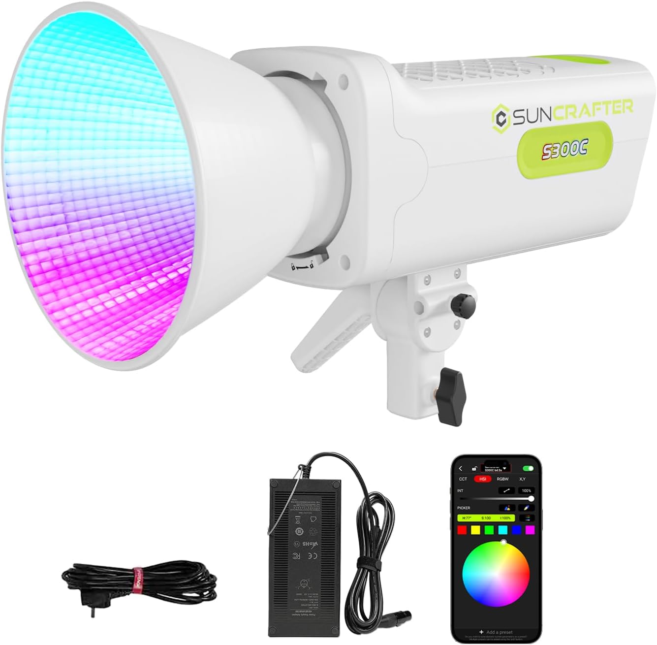 300W RGBACL COB Video Light, 360° Full Color Continuous Output Lighting, 1,400K-20,000K 30,900lux@1m, CRI97+, Bowen Mount APP Control for Photography Video Sreaming, 6-Color Light, 300C