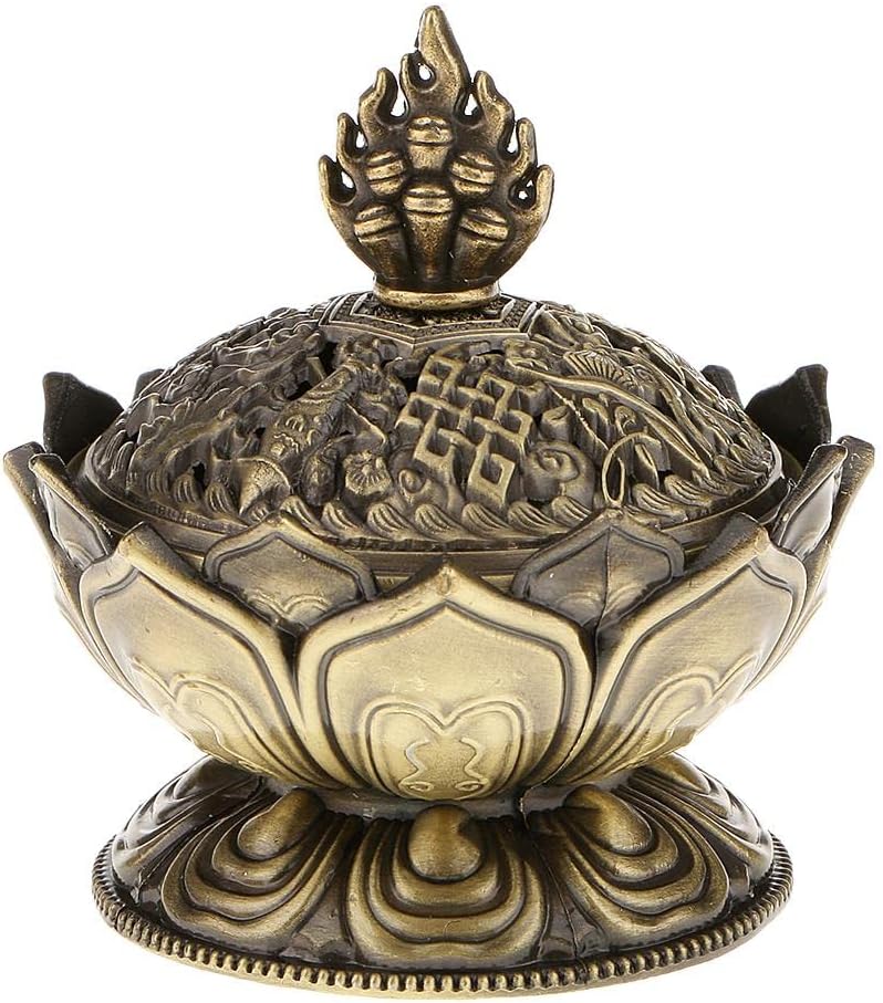 Lotus Incense Smoke Cone Aroma Burner Holder Stove Backflow Censer Decor - Bronze
