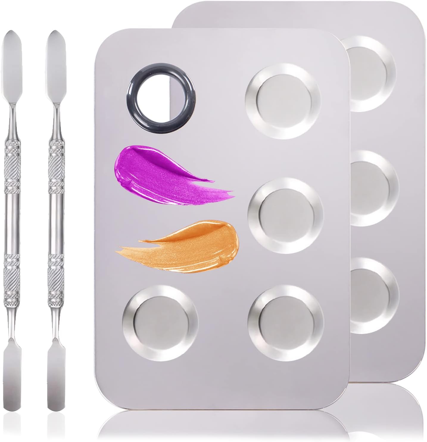 4 in 2 Set Makeup Mixing Palette, Makeup Palette for Foundation, Makeup Mixing Tray, Stainless Steel Mixing Tray with Spatula for Mixing Foundation Eye Shadow Nail Art, Makeup Foundation Mixing Tray