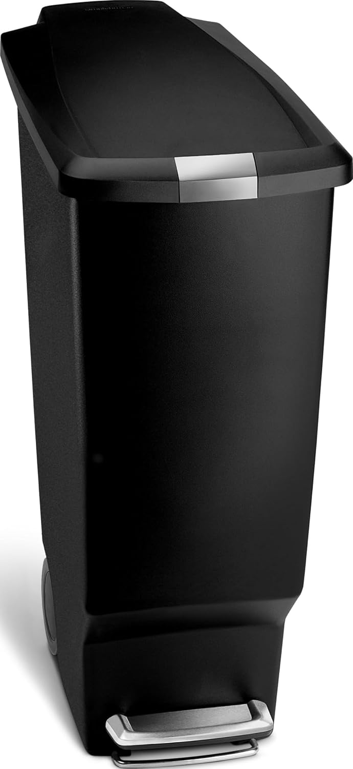 simplehuman CW1361 40L Slim Recycling Kitchen Pedal Bin with Lid Lock, Silent Soft Close Lid, Built In Wheels, Stay-Open Lid, Black Plastic, W 26.0cm x H 64.0cm x D 49.0cm