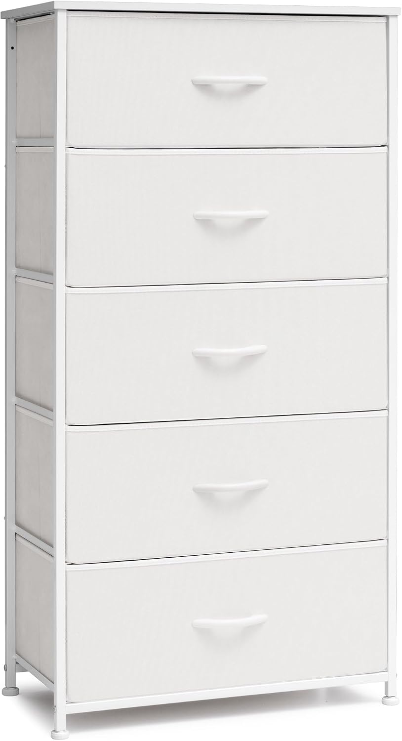 Crestlive Products Vertical Dresser Storage Tower - Sturdy Steel Frame, Wood Top, Easy Pull Fabric Bins - Wide Organizer Unit for Bedroom, Hallway, Entryway, Closets - 5 Drawers(White)