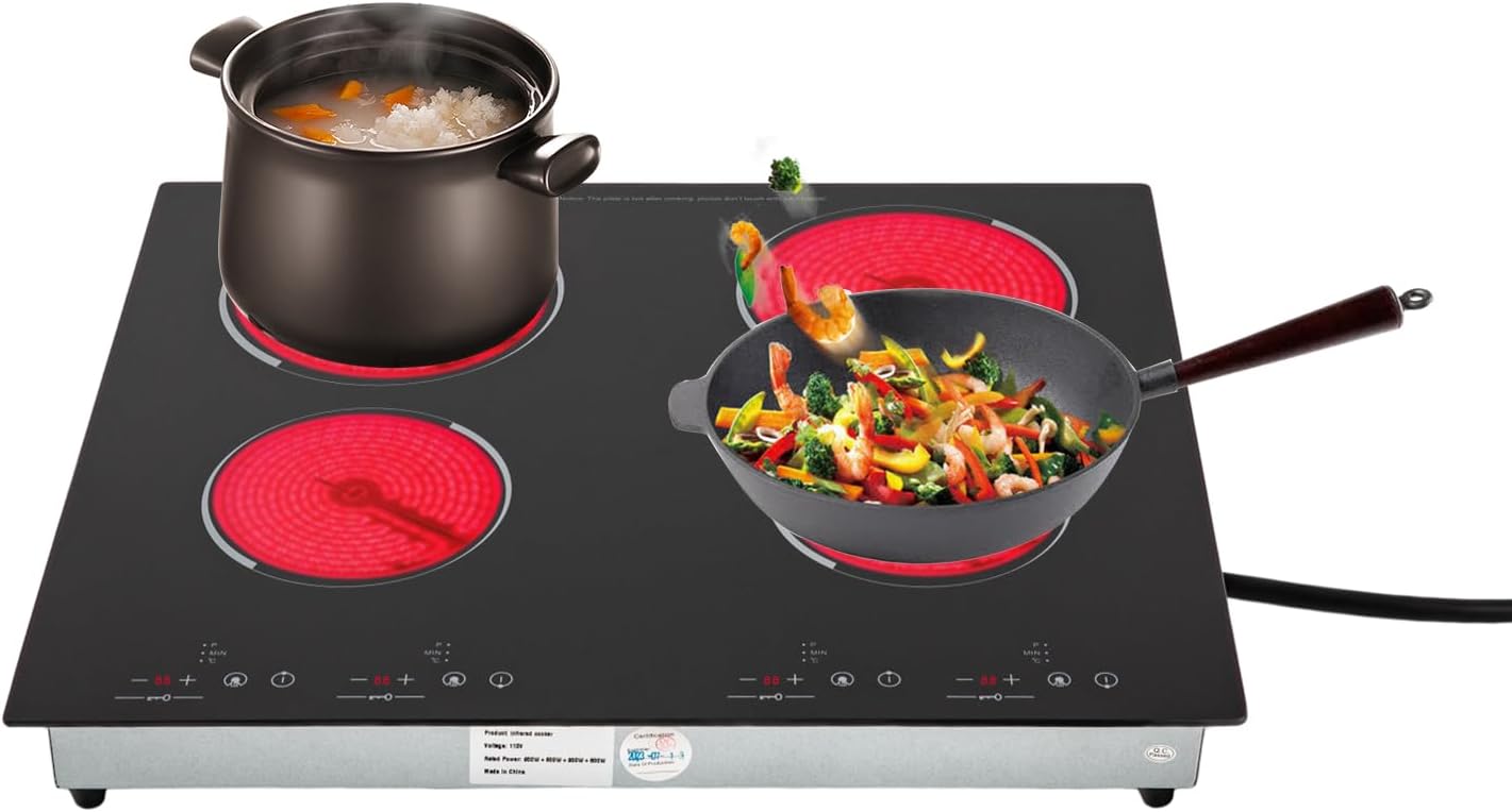 Electric Cooktop 4 Burners, 110v Electric Stove 23.4 Inch Portable Built-In Countertop Ceramic Stove Top with Knob Control, 9 Power Levels 3000W
