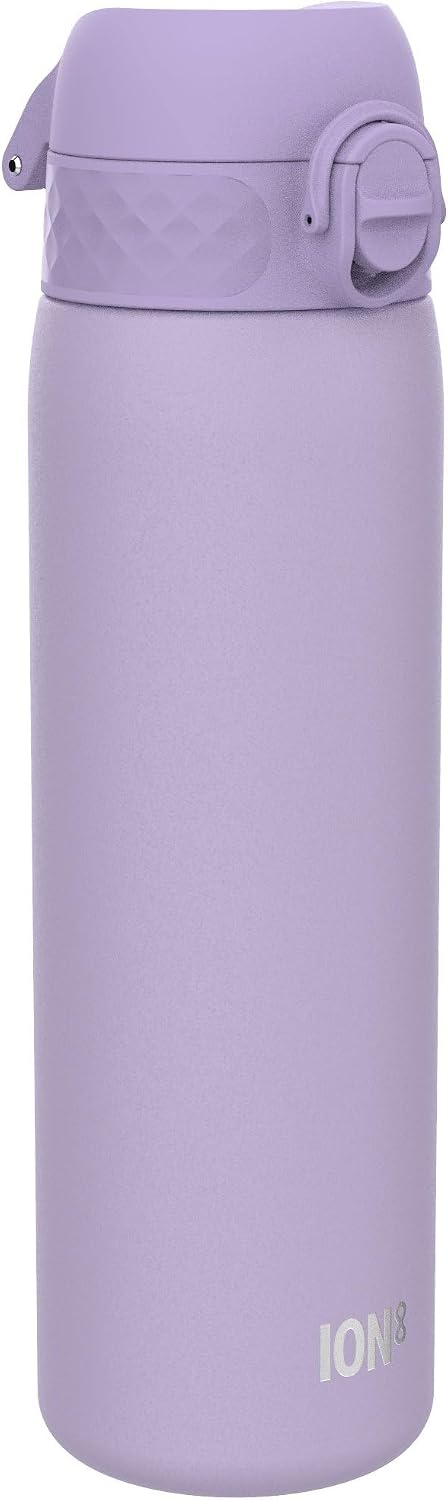 Ion8 Lightweight Steel Water Bottle, 600 ml/20 oz, Non-Insulated, Leak Proof, Easy to Open, Secure Lock, Dishwasher Safe, Flip Cover, Fits Cup Holders, Carry Handle, Metal Water Bottle, Light Purple