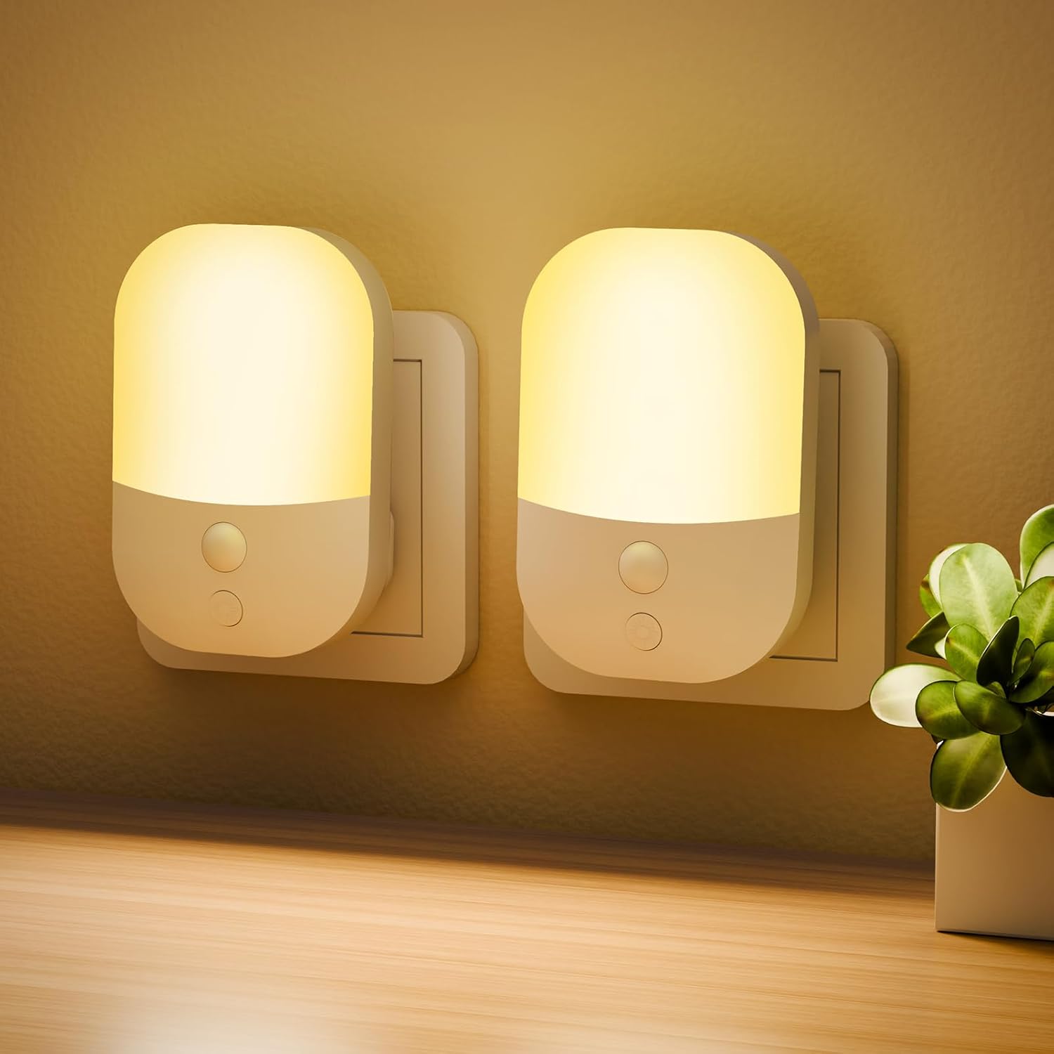 2 Pack Plug in Night Light with Dusk to Dawn Photocell Sensor, 5 Adjustable Brightness Levels, ON/Off/AUTO Modes, 3000K Warm White LED Night Light for Baby, Hallways, Stairs, Bedrooms, Kitchens, 0.3W