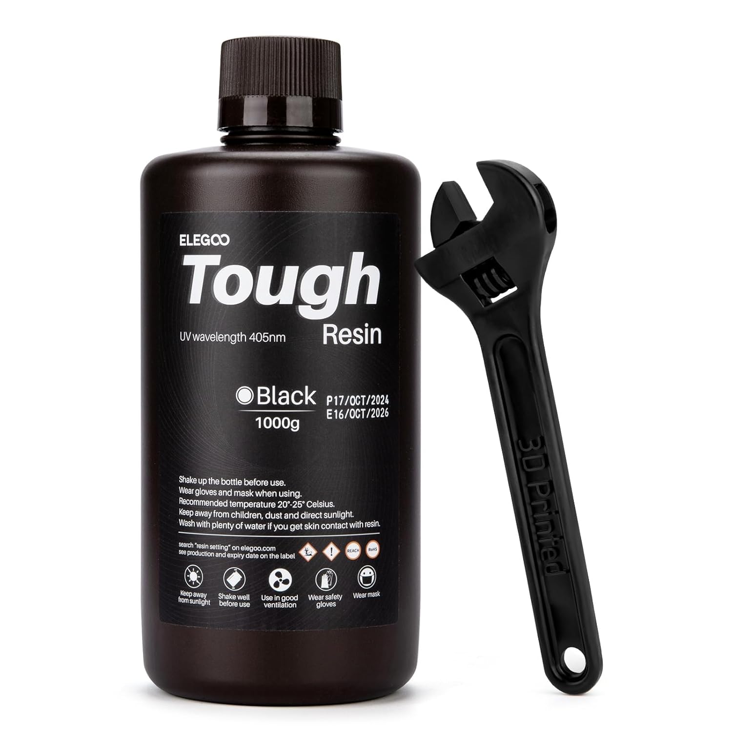 ELEGOO Tough Resin 3D Printer Resin with High Hardness, Low Viscosity, Low Shrinkage, Compatible with MSLA/LCD/DLP 3D Printers, Black 1000g