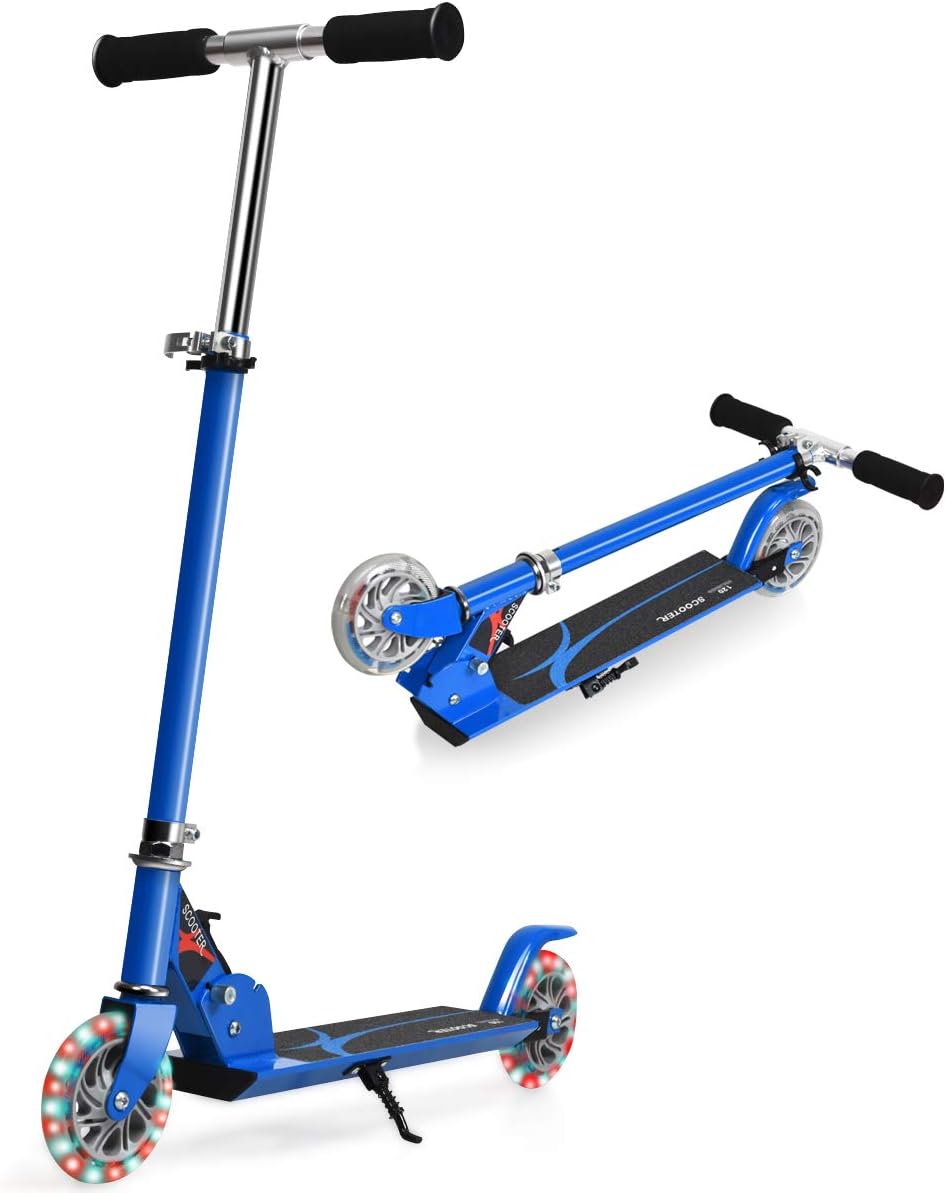 GYMAX Kids Stunt Scooter, Folding Kick Push Scooter with 2 Flashing Wheels and Adjustable T-bar, Perfect as a Gift for 4-13 Years Boys Girls