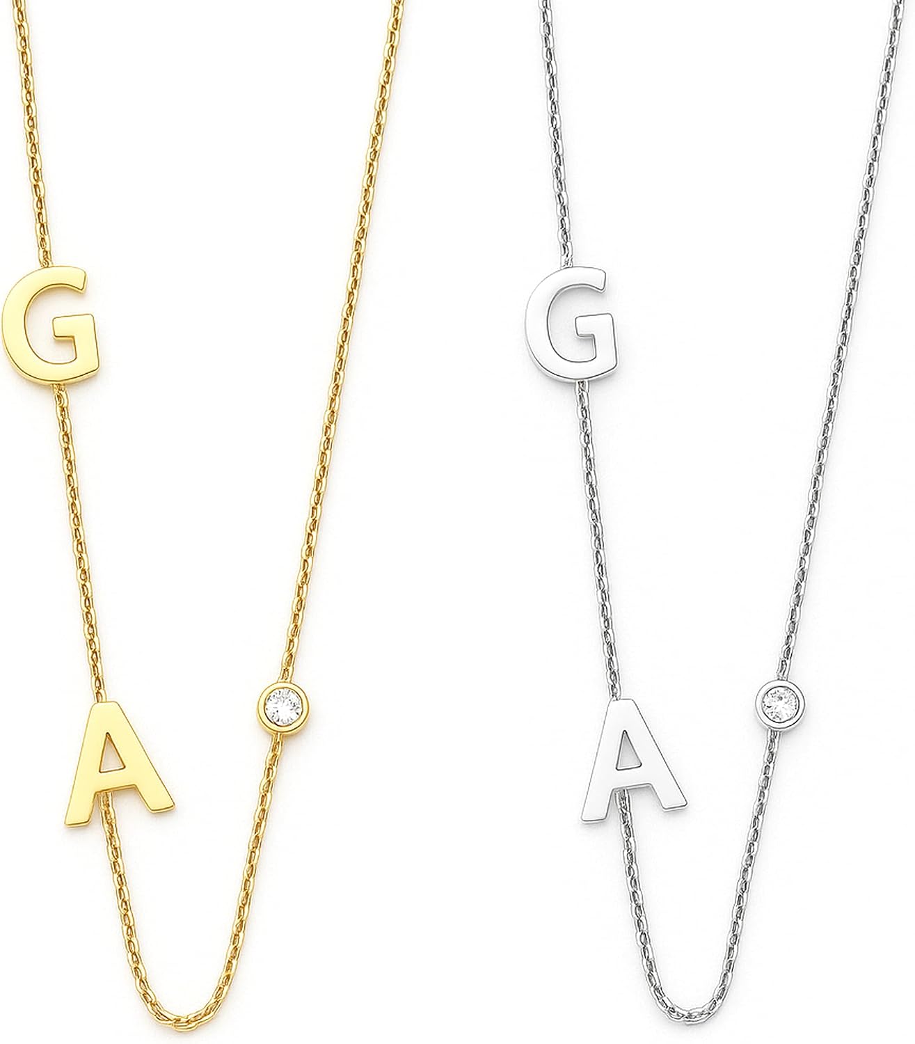 14k Sideways Initial Gold Necklace w Solitaire Diamond, Custom Multiple Letter Necklace, Personalized Solid Gold Initial Diamond Letter Necklace, Personalize Birthstone Bridesmaid Gift.