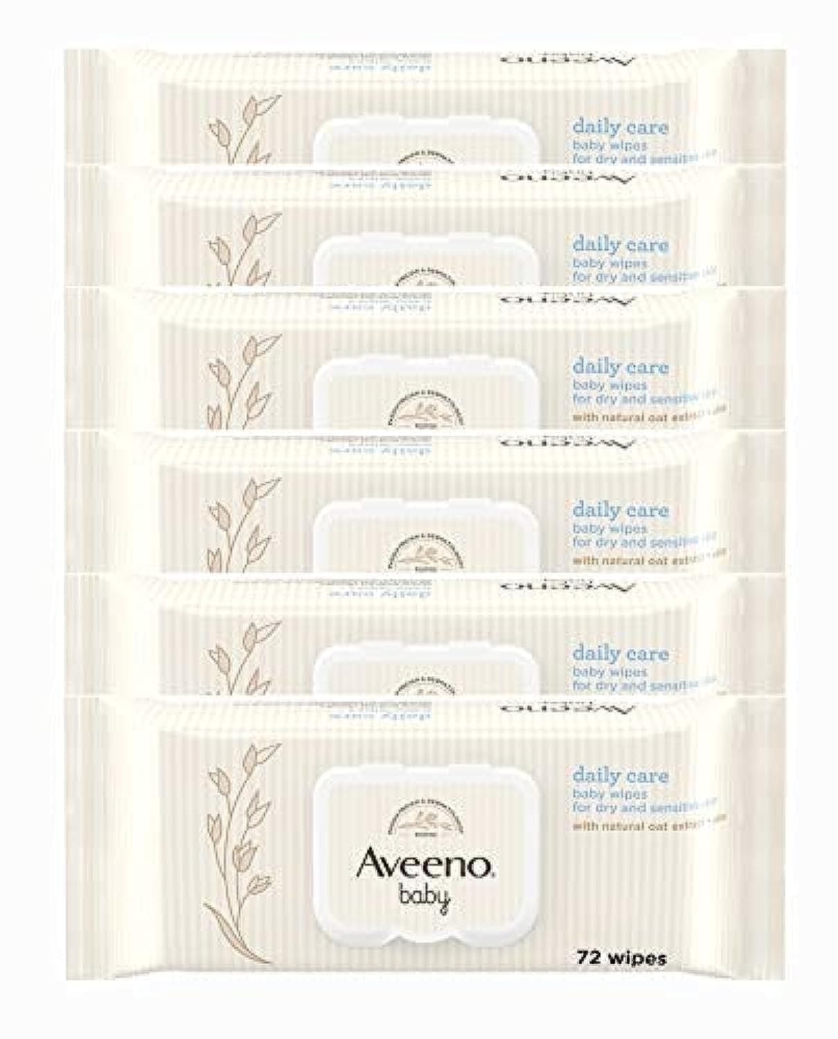 AVEENO Baby Daily Care Wipes - Cleanse Gently and Efficiently - Baby Wipes - Baby Essentials - 72 Wipes, Lid On Each Pack, Pack of 6 (432 Wipes in Total)