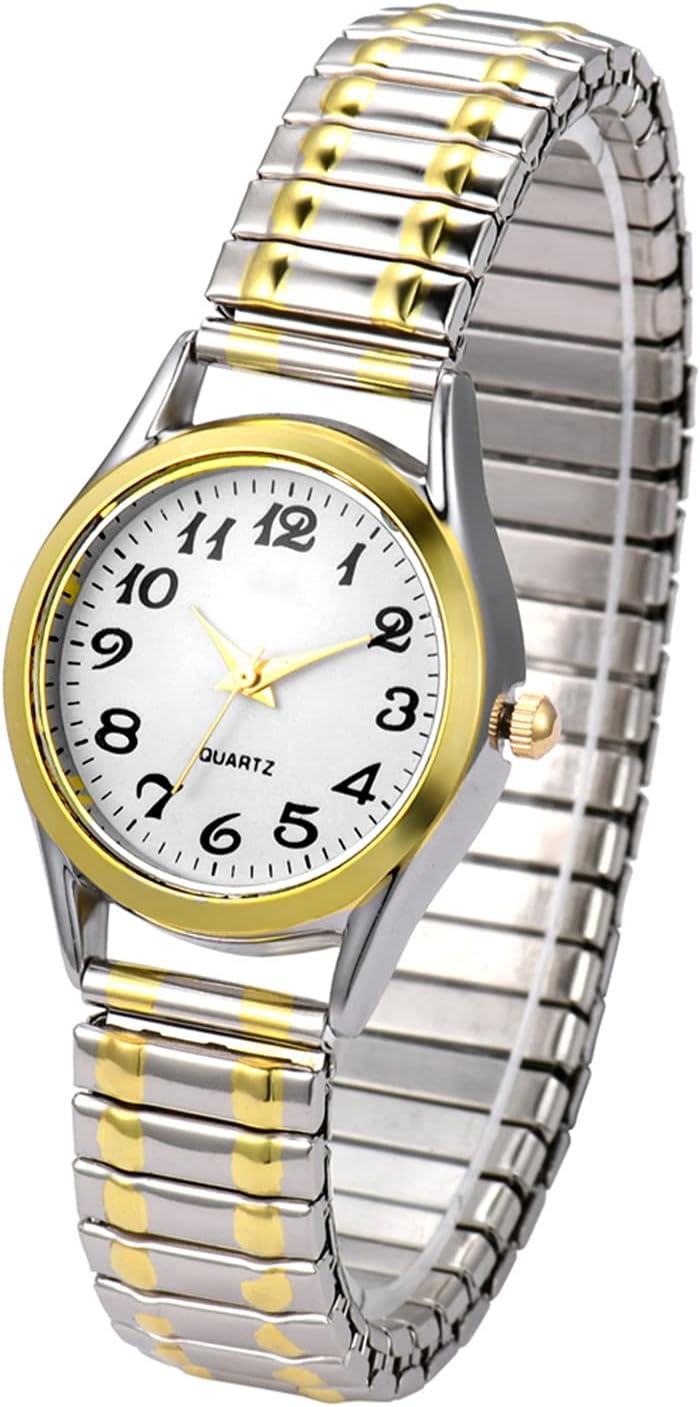 JewelryWe Women's Ultra Thin Easy Reader Watch with Elastic Strap Golden/Silver Tone Stretch Band Watches