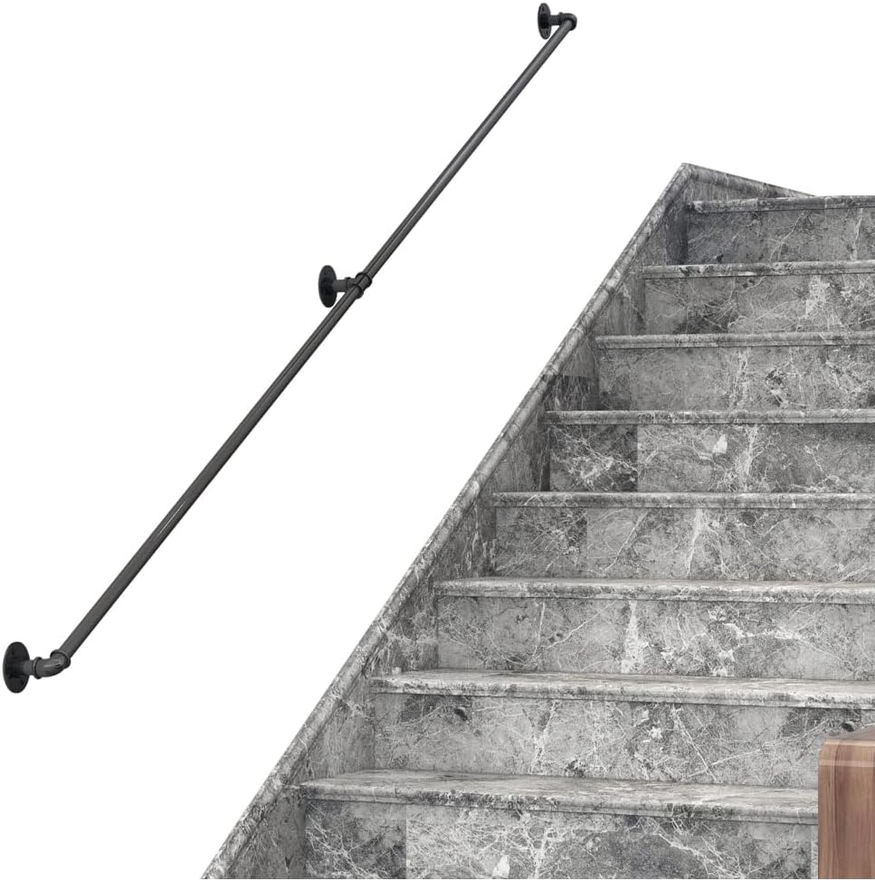 DIYHD 6.6FT Stair Black Pipe Handrail with 3 Wall Mount Supports,Rustic Black,Round Corner Style