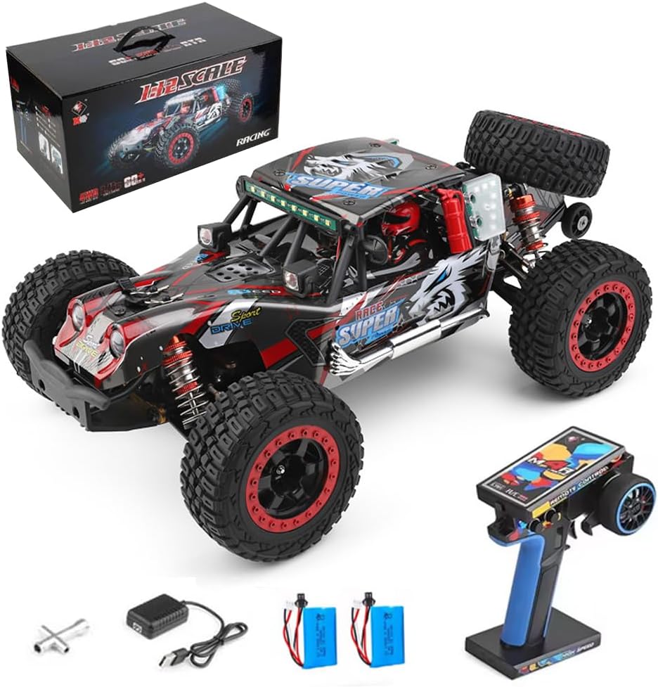 GoolRC WLtoys 124028 Brushless Fast RC Cars, 1:12 Scale 60KM/H High Speed Remote Control Car, 4WD All Terrains Off Road RC Monster Truck with Metal Chassis and LED Lights, 2 Batteries for Adults