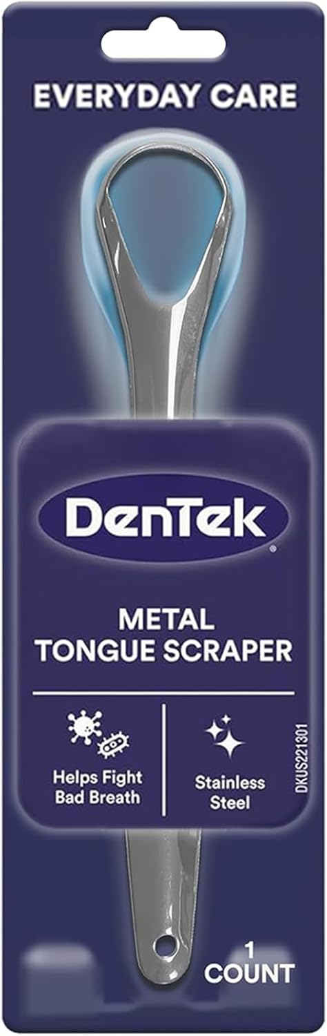 DenTek Metal Tongue Scraper for Better Oral Health – Removes Bacteria, Fights Bad Breath – 100% Stainless Steel, Dishwasher-Safe – Slim Design, Works Gently