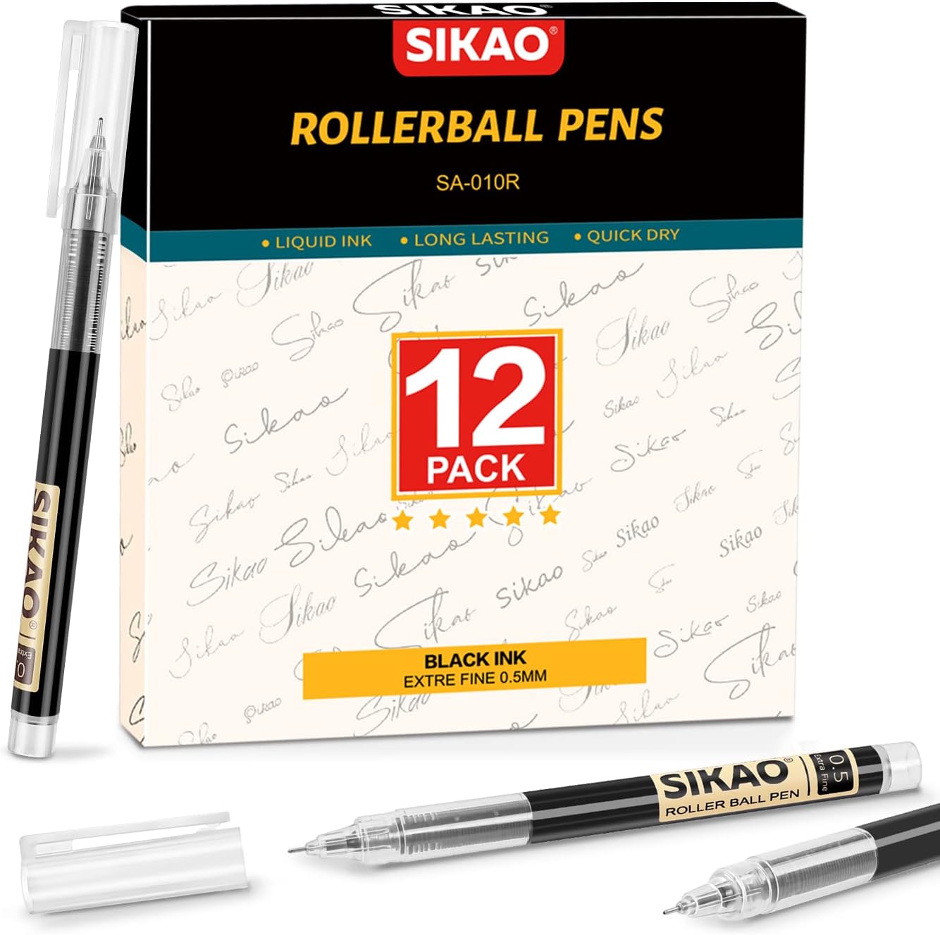 Liquid Ink Rollerball Pens 0.5 mm Black Ink, Extra Fine Point, Quick Dry Gel Ink, Super Smooth Writing (12 Pack)