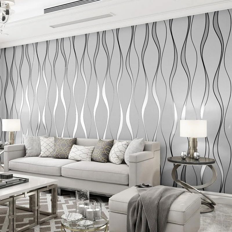 Trafagala Grey Non-Woven Wallpaper Glitter Effect Textured 3D Flocking Embossed Wallpapers 53cm x 9.5m Wave Stripes Wall Paper Roll for Living Room Bedroom