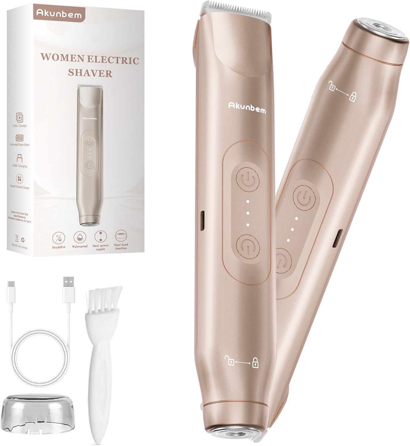 Bikini Trimmer for Women - 2 in 1 Electric Razors for Women - Dual Head Electric Shaver - IPX7 Waterproof Wet & Dry Use Body Hair Trimmer and Facial Hair Remover for Bikini Underarm Leg Arm (Gold)