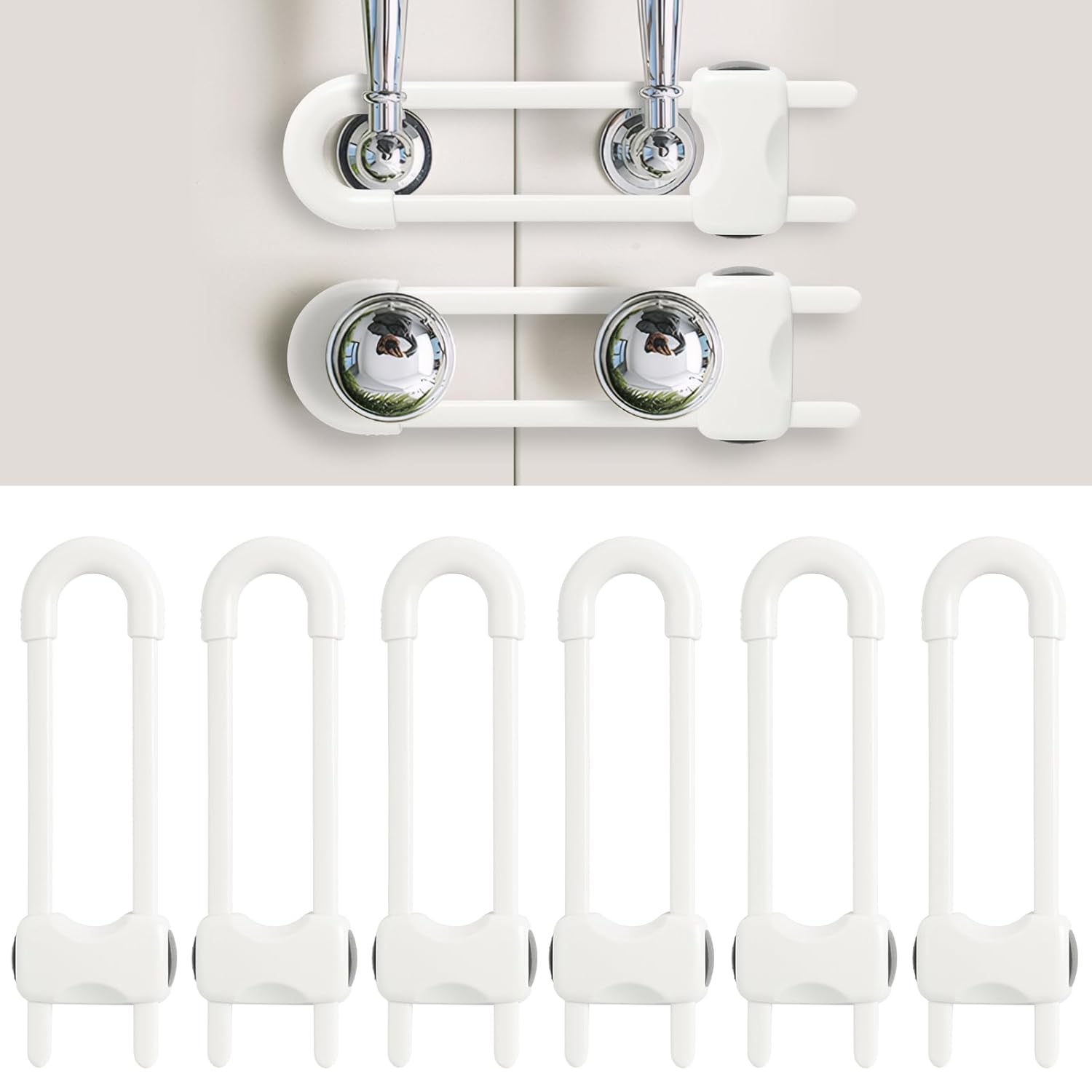 Baby Proofing Cabinets, Sliding Cabinet Locks for Babies, Adjustable U Shaped Baby Safety Locks, Childproof Cabinet Latch for Kitchen, Bathroom, Drawer, Cupboard Doors Knobs & Handles (6 Pack White)