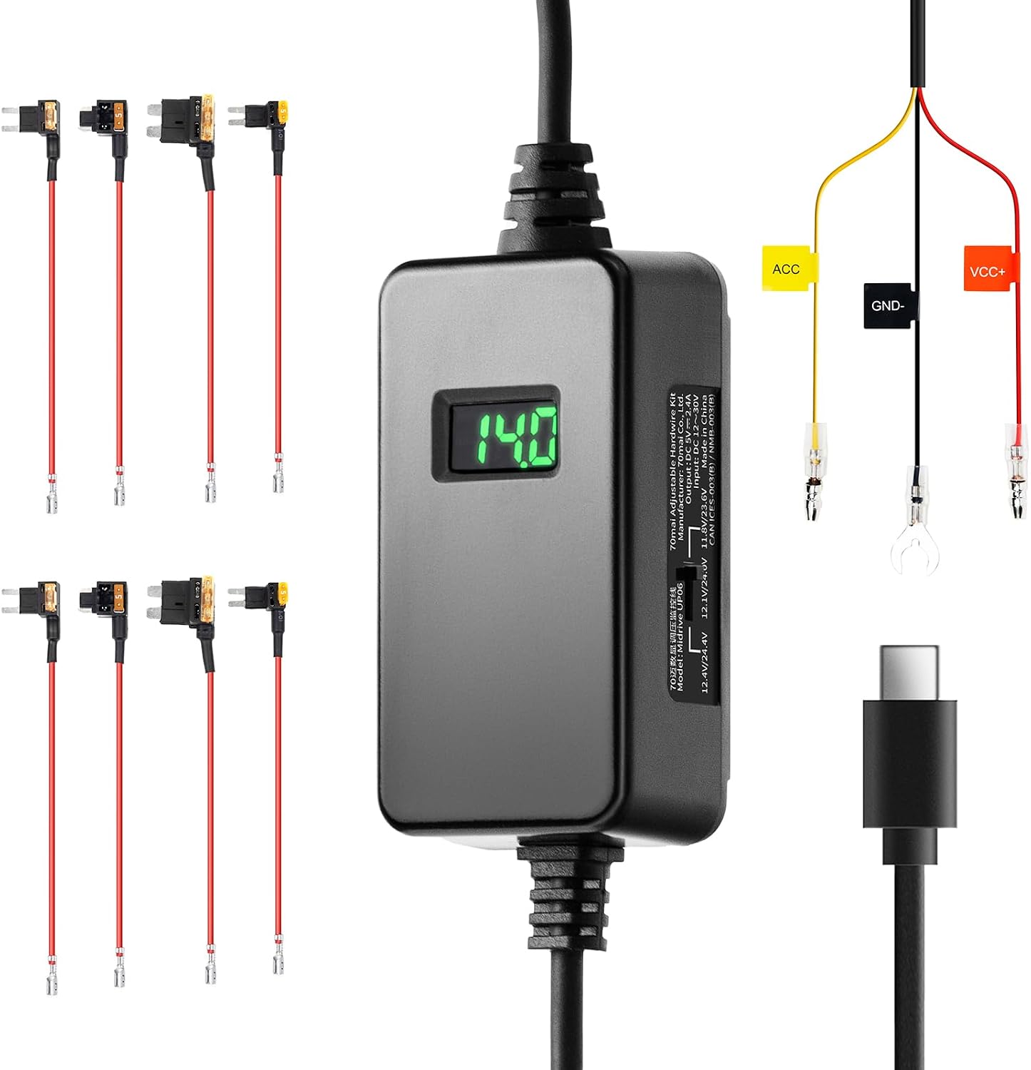 70mai Adjustable Hardwire Kit UP06 for Type-C Dash Cams, 3-Level Low Voltage Protection, Real-Time Voltage Display, 24H Parking Mode for M200/M310/M500/A510/A500S/A810/A800SE/X800/T800 Car Cameras