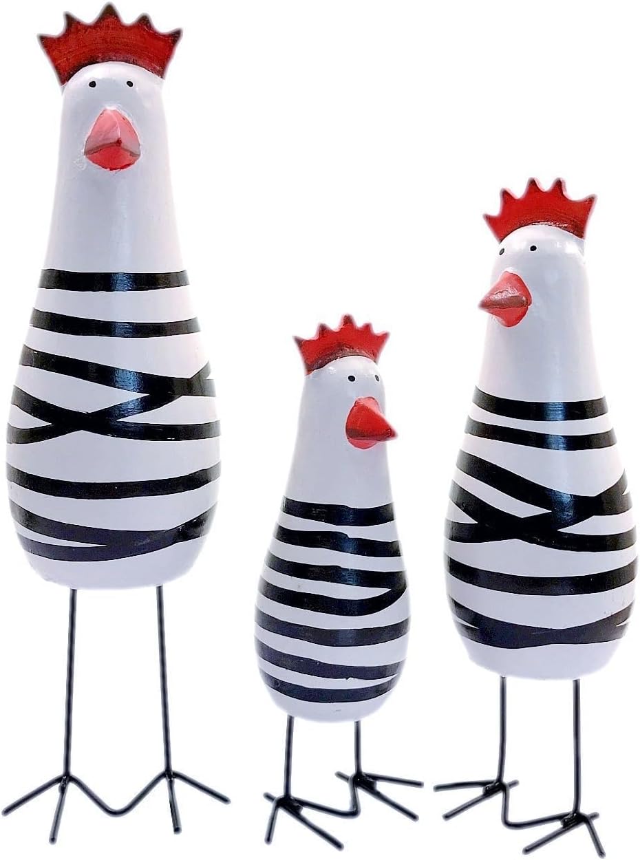 JZK 3 Pcs Wooden chicken ornaments, little chicken figurine set of 3, small kitchen window sill ornament, quirky home decoration sculpture, funny office desk ornament