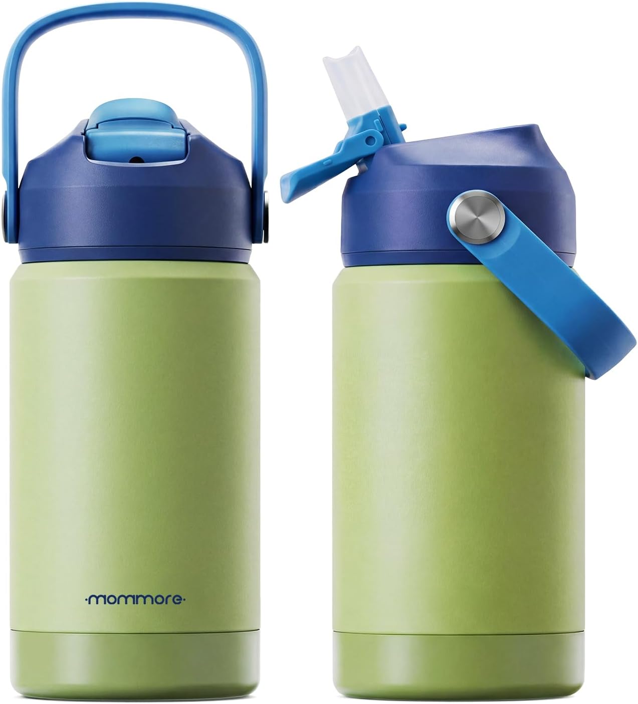 Mommore 12oz Kids Insulated Water Bottle with Straw Lid, Green | Vacuum insulated stainless steel small thermos with straw lid & soft rubber handle, leakproof design for school boys & girls