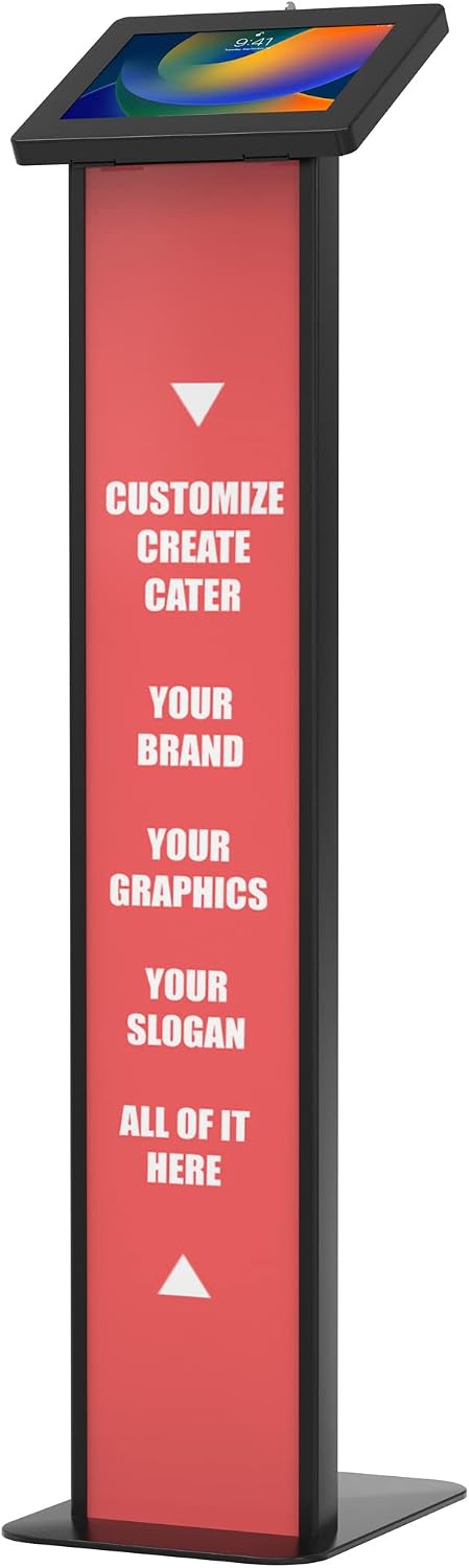 CTA Digital Premium Kiosk Floor Stand Customizable with Graphic Card Slot Branding for iPad 11 (A16) - Pro 11-inch M4 - Air 11-inch M3- iPad 10th Gen - Galaxy Tab & More Tablets - Black