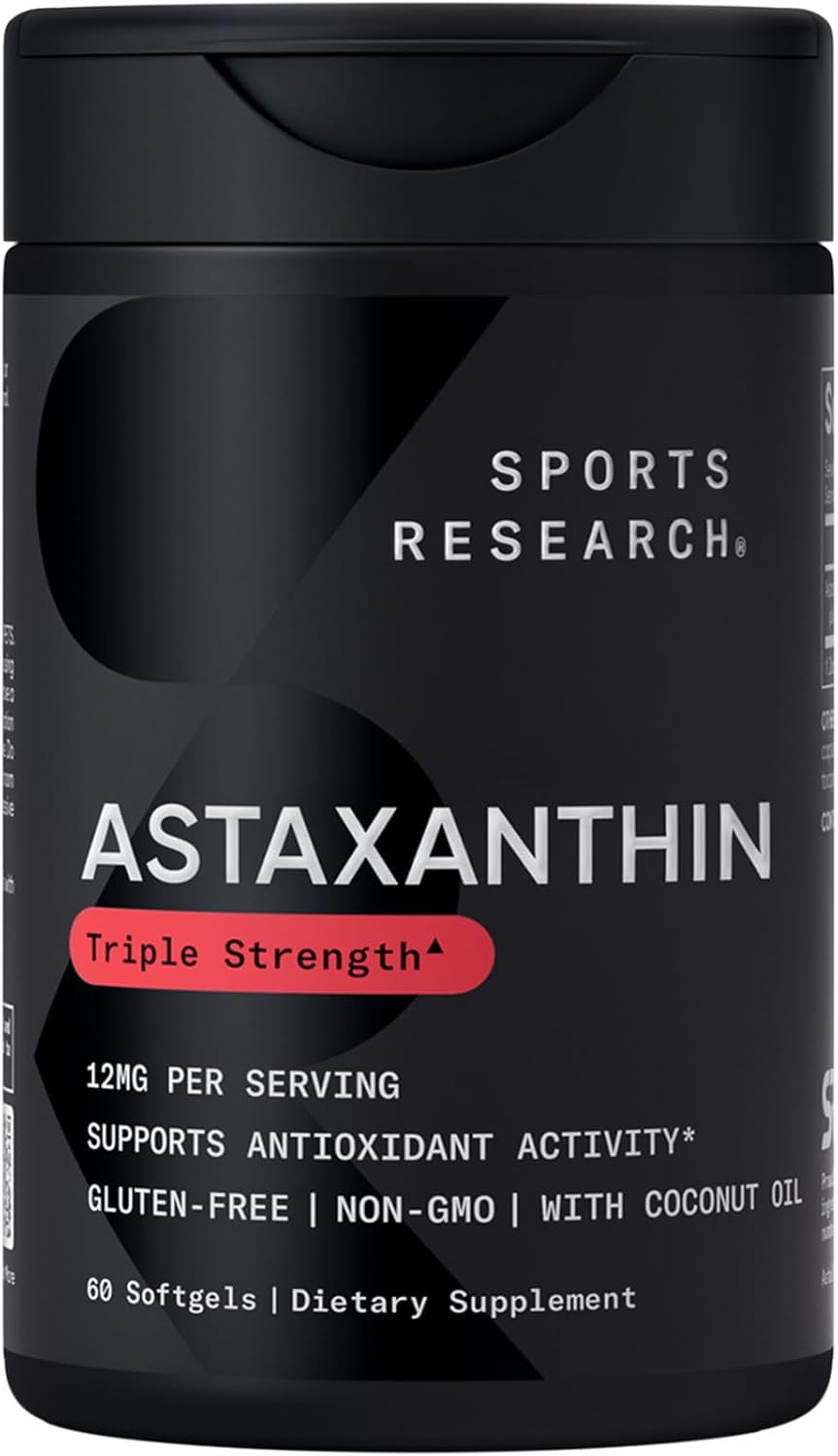Sports Research® Triple Strength Astaxanthin 12mg with Organic Coconut Oil - Antioxidant Supplement, Non-GMO Verified & Gluten Free - 60 Softgels