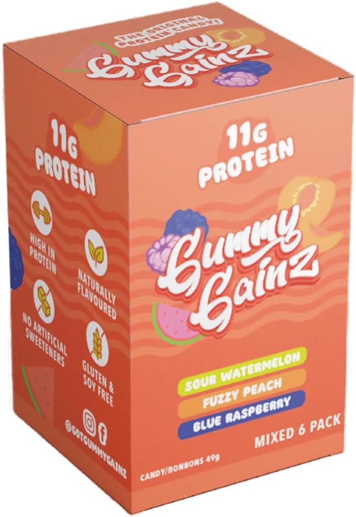 Gummy Gainz Protein Candy Gummies | High Protein Candy | 11g Protein per Serving | Fat Free, Naturally Flavored, No Artificial Sweeteners, Gluten Free, Soy Free | Box of 6 Bags (Assorted - 3 Flavors)