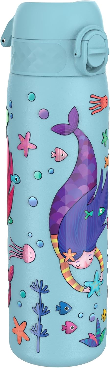 Ion8 Lightweight Steel Water Bottle, 600 ml/20 oz, Non-Insulated, Leak Proof, Easy to Open, Secure Lock, Dishwasher Safe, Flip Cover, Fits Cup Holders, Carry Handle, Metal Water Bottle, Mermaids