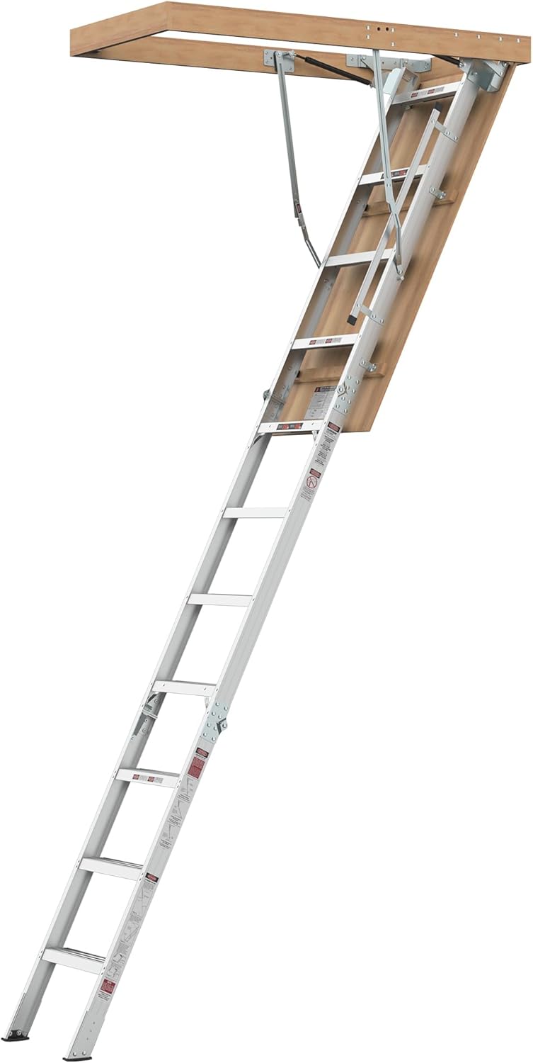 10-Foot Aluminium Attic Ladder, Attic Ladder Pull Down System for 54" W x 25" H Opening, Pull Down Attic Ladders with Non-Slip Foot Mats, Fits 7'8" to 10'3" Ceiling Heights, 375-Pound Load Capacity