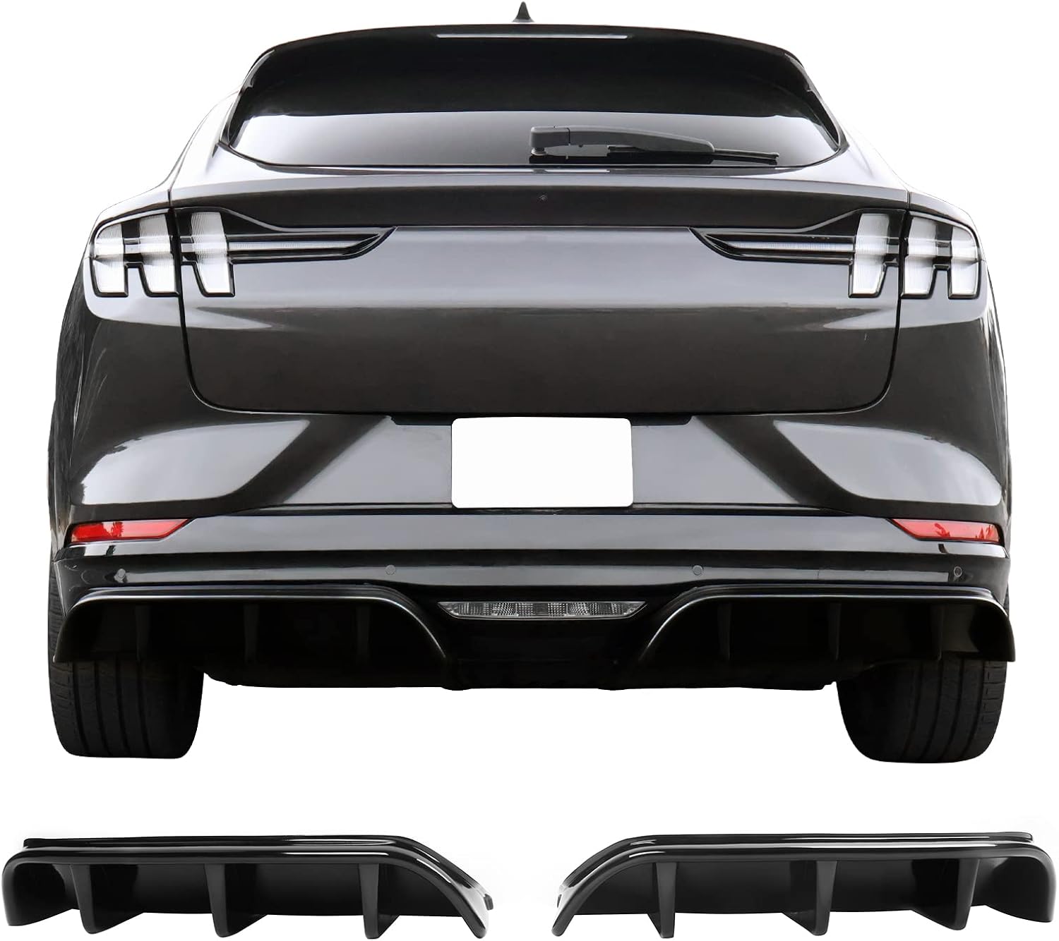 IKON MOTORSPORTS, Rear Diffuser Compatible With 2021-2024 Ford Mustang Mach-E GT, Gloss Black PP Polypropylene IKON Style Rear Bumper Lip Diffuser Shark Fins Kit Lower Valance Lip Spoiler Canard, 2022