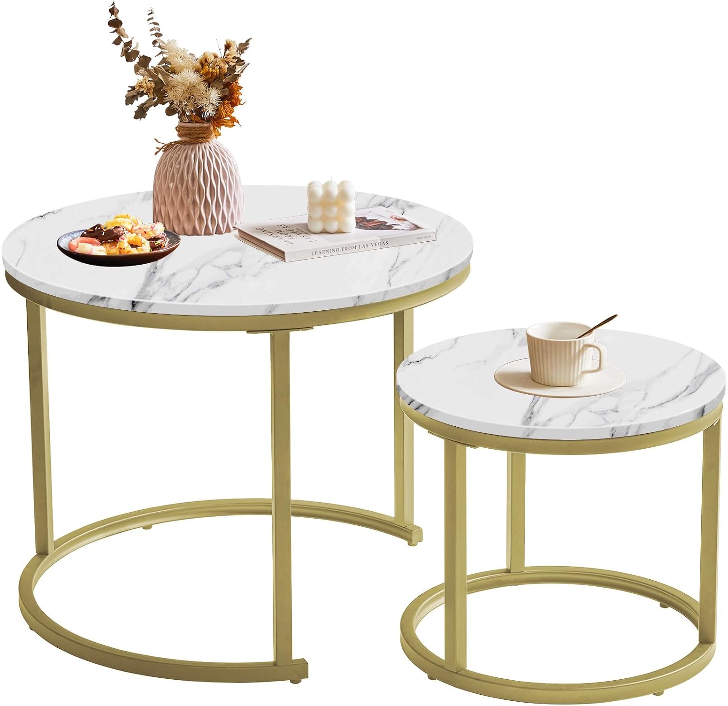 IBUYKE Round Nesting Table, Removable Set of 2 Coffee Tables, Stacking Sofa Side Table End Table, for Living Room, Bedroom, Office, Balcony, Apartment, White and Gold TMJ062G