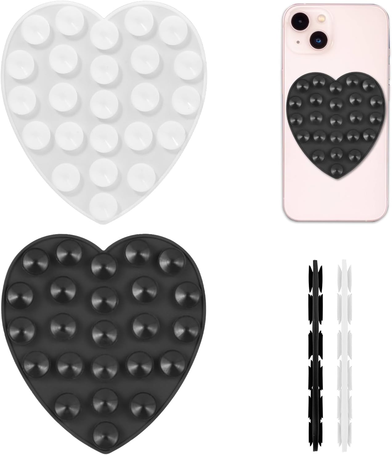 PEUTIER 2pcs Suction Cup Phone Mounts, Heart-Shaped Phone Suction Mount Double-Sided Silicone Suction Cup Phone Holders Hands-Free Suction Phone Case for Most Phone (Black, White)