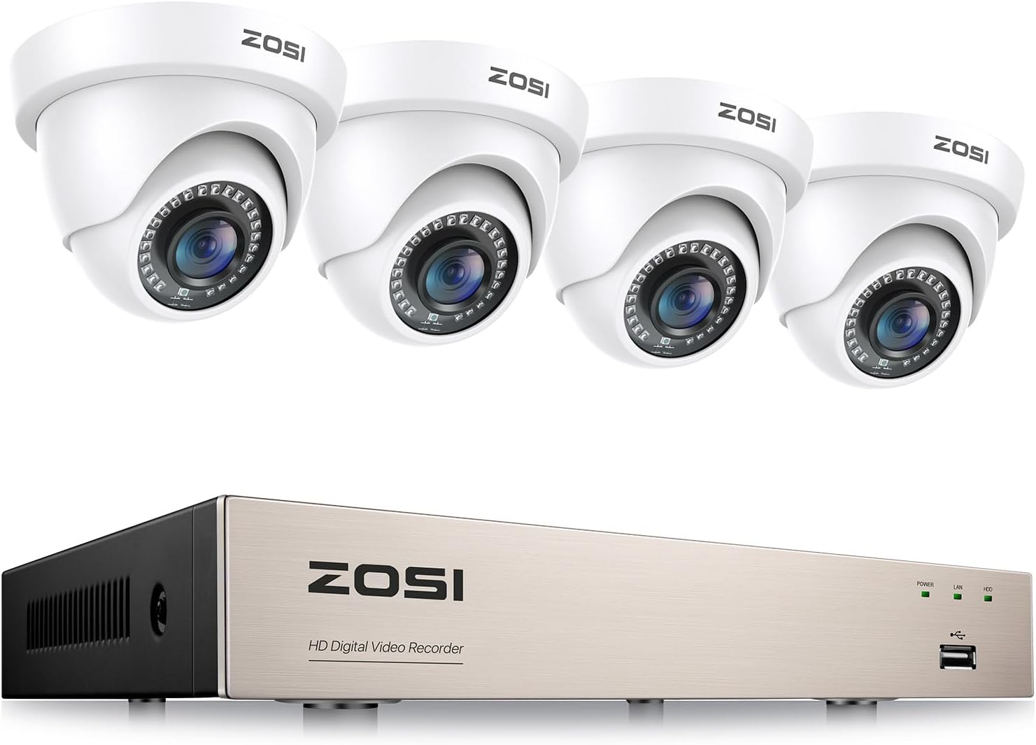ZOSI 1080P CCTV Security Camera System with Human Vehicle Detection, 8 Channel H.265+ 5MP Lite Surveillance DVR and 4x2MP Outdoor 1920TVL CCTV Dome Cameras, Night Vision, Smart Alerts, NO Hard Drive
