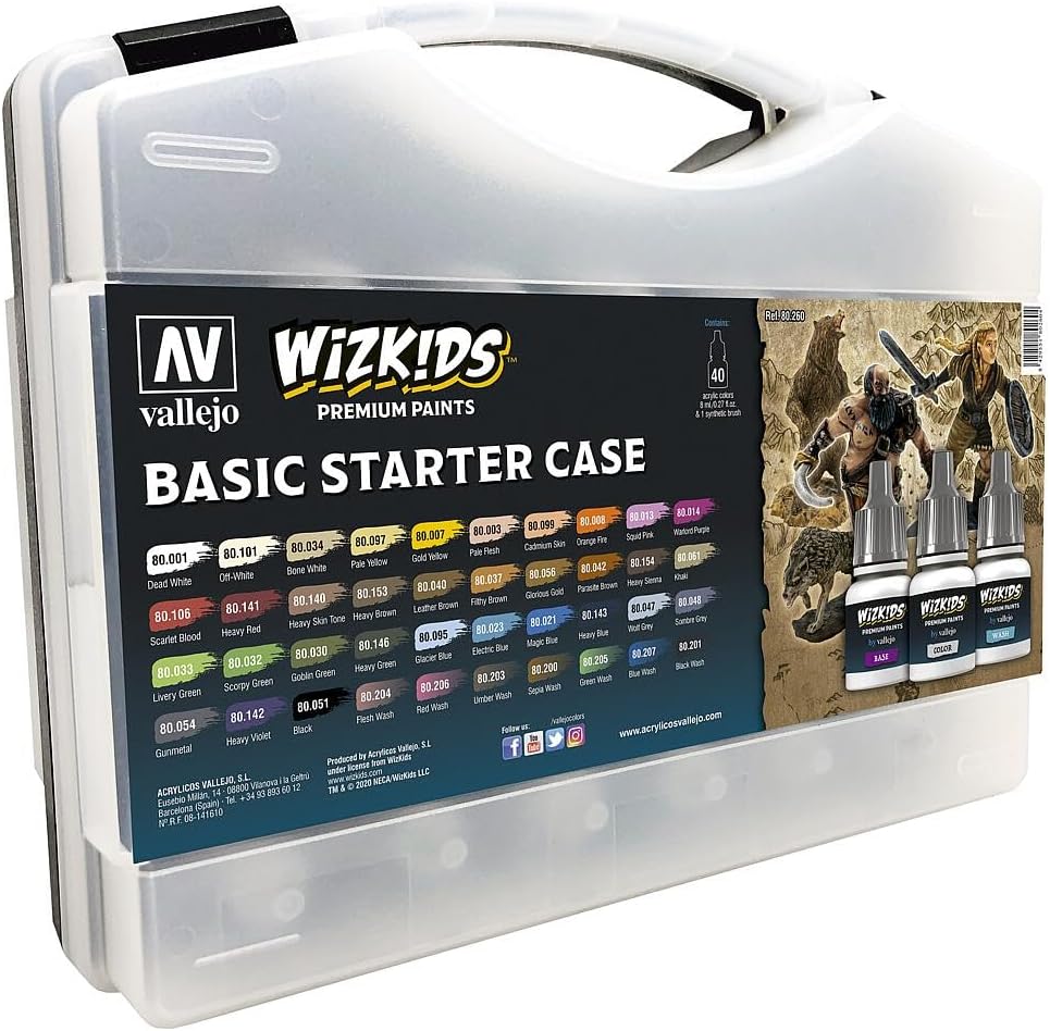 Vallejo - Wizkids Basic Starter Case | Game Color | Premium Acrylic Paint Set for Modeling Painting | Colors and Washes Assortment | 40 bottles x 8 ml (0.27 fl.oz) and a Round Synthetic Brush Included