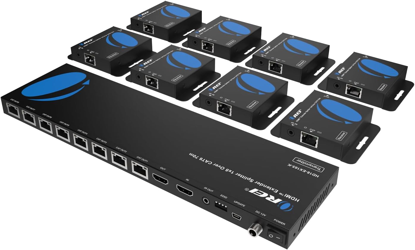 OREI 4K 1x8 HDMI Extender Splitter Multiple Over CAT 6/7 Cable with EDID management - 4K@30Hz upto 165ft and 1080p@60Hz upto 230ft- Loop Out | 1x8 HDMI Extender – HDMI 1.4, 10.2Gbps, Dolby TrueHD, DTS-HD Master Audio, Plug & Play, Metal Housing, PoC Support