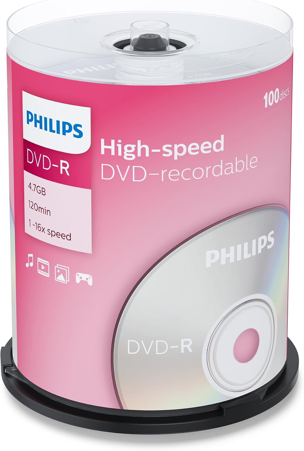 Philips DVD-R blank discs (4.7 GB data / 120 min Video/ 16x High Speed recording) 100 blank discs package - DM4S6B00F/00