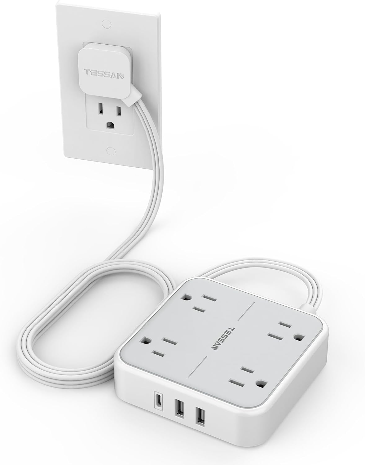 Surge Protector Flat Extension Cord 5Ft, TESSAN Flat Plug Power Strip with 4 Outlets 3 USB Ports (1 USB C), 900 Joules Protection, Multiple Wall Outlet Extender Suitable for Home Office Dorm, Grey