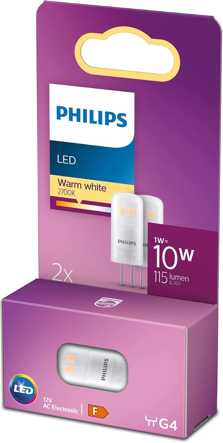Philips LED Premium Light Capsule Spot 2 Pack [G4 Socket] 10W, Warm White (2700K), Non-Dimmable