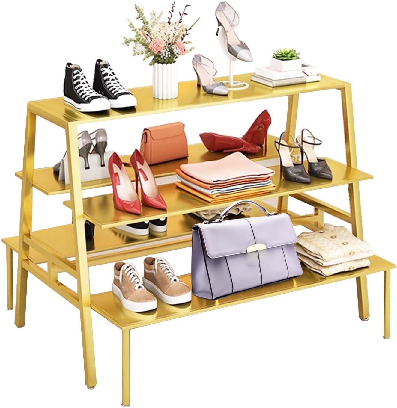 3-Tier Metal Retail Display Rack for Shoes and Handbags, Heavy Duty Standing Display Table, Double-Sided Nesting Shelf for Boutique, Clothing Store, Trade Show, Home Organization