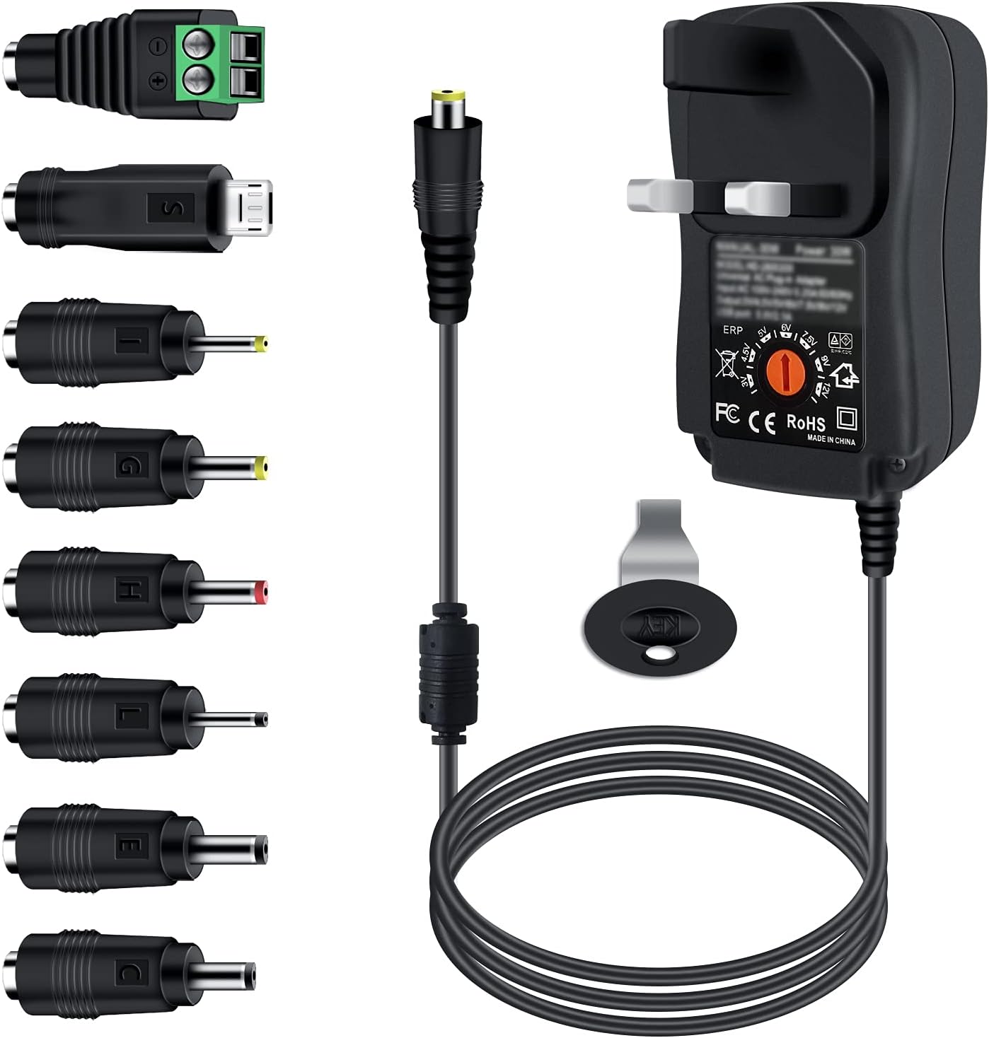 30W Universal Power Adapter, Dalugo 3V 4.5V 5V 6V 7.5V 9V 12V 2A AC/DC Switching Power Supply Charger with 8 Adaptor Tips for 3V-12V Household Electronics,Led Strip,Speakers,TV Box and More Devices