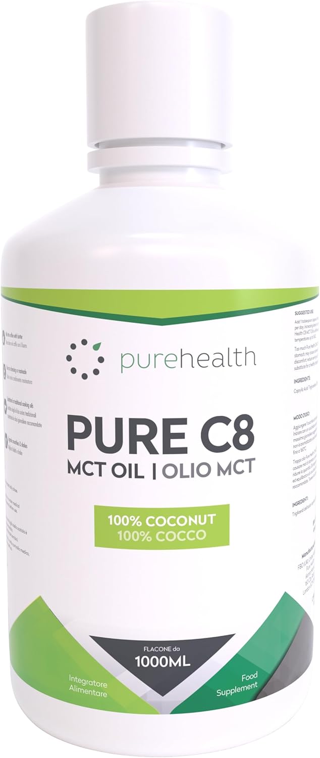 Pure Health C8 MCT Oil, Premium 100% Coconut Zero Palm Oil, Perfect for Keto Diets, Fasting & Bulletproof Coffee, Non-GMO, BPA FREE(1L)
