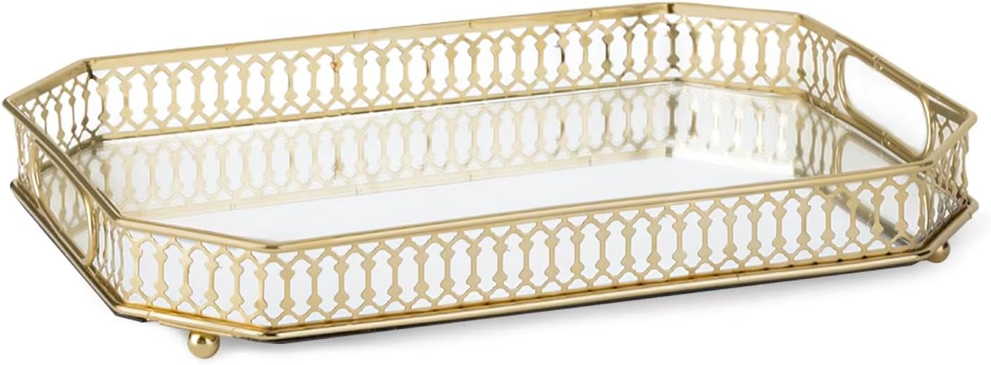 Bar Cart Tray, Decorative Mirrored Tray with Handles, Large Capacity Organizer, Gold