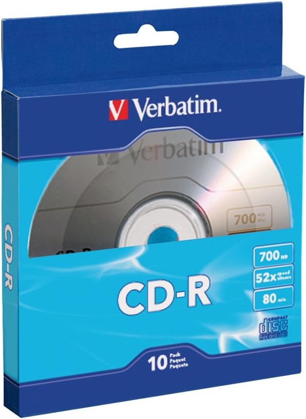 Verbatim CD-R Blank Discs 700MB 80-Minutes 52X Recordable Disc for Data and Music- 10 Pack,Blue