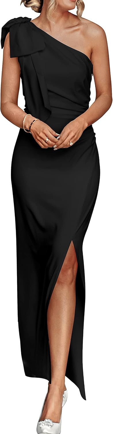 PRETTYGARDEN Women's Summer One Shoulder Long Formal Dresses Sleeveless Ruched Bodycon Wedding Guest Slit Maxi Dress