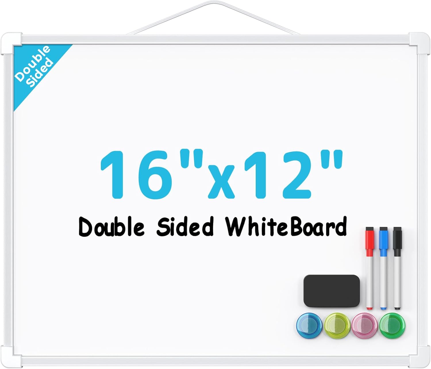 MaxGear Double-Sided Dry Erase Board for Wall, 16"x12" Hanging Whiteboard, Small Dry Erase White Board with 3 Markers&4 Magnets, Portable Whiteboard for Students - Planning, Drawing, Memo, to Do List